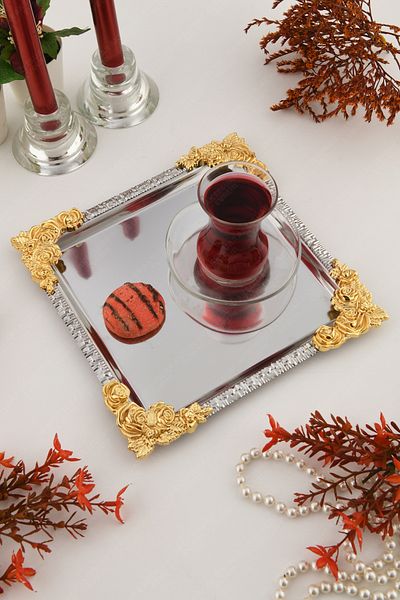 AKSESUAR EVRENİ Alve Silver Gold Flower Patterned Stainless Decorative Square Presentation Tray