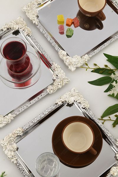 AKSESUAR EVRENİ Alve Silver Flower Patterned Stainless 3-Piece Decorative Square Presentation Tray