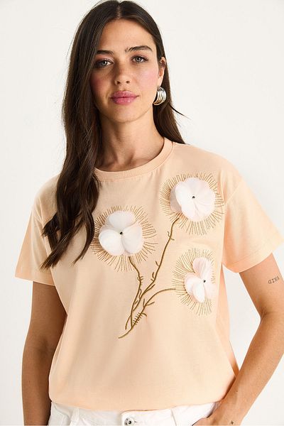 Bianco Lucci Women's Crew Neck Short Sleeve T-Shirt with Embroidered Embossing Accessories 60602024