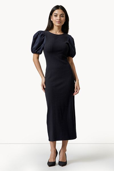 French Connection Puff Sleeve Cotton Blend Mid-Calf Dress