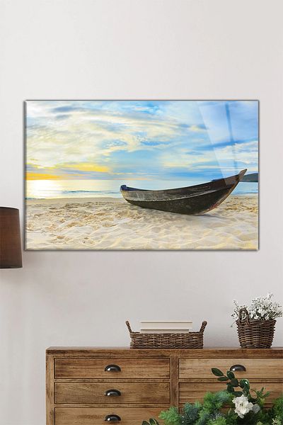 Rosyvien Peisaj de sandale pe plajă, pictură orizontală pe sticlă, decor de perete pentru casă și birou, cadou de lux