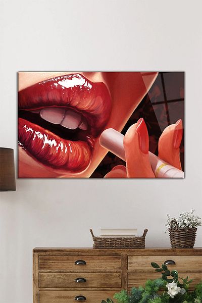 Rosyvien Women's Lip and Cigarette Horizontal Glass Painting, Modern, Home and Office Wall Decoration, Luxury Gift