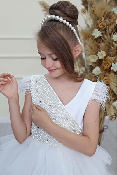Riccotarz Girl's Body Pearl Stone Embroidered Layered Tulle Sleeveless White Evening Dress