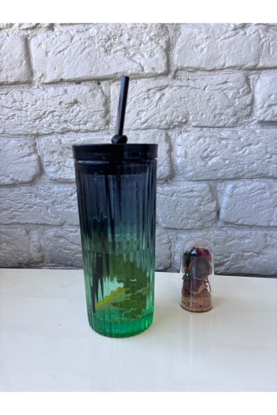 ARİN MODA ARİN HOMTEKS'DEN RAİNBOW RENKLİ CAM VAKUM KAPAKLI PİPETLİ BARDAK YEŞİL