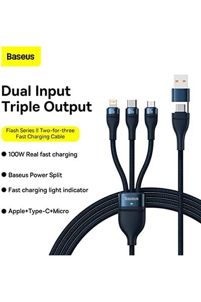 Baseus 100W Multi Charging Cable, Nylon Braided 3 in 1 Charging Cable from USB & USB C to IP/Type C/