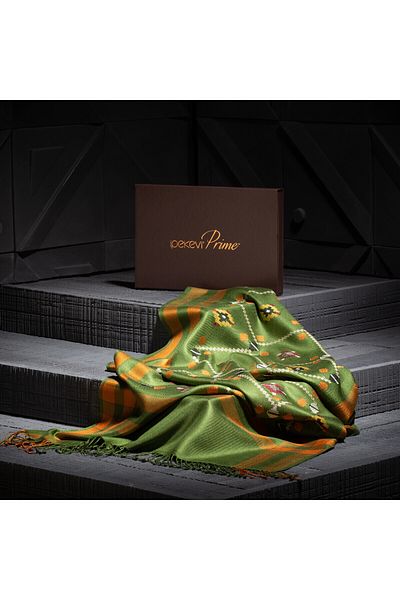 ipekevi Khaki Kilim Patterned Cross-Stitched Prime Silk Shawl