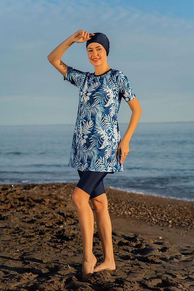 Ruko Maio Your Name Short Sleeve Leaf Pattern Navy Blue Leggings Semi-Turban Swimsuit C3T5N2O52-3