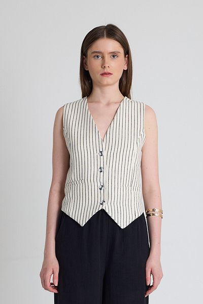 Rays Black Linen Look 100% Cotton Striped Vest 2323