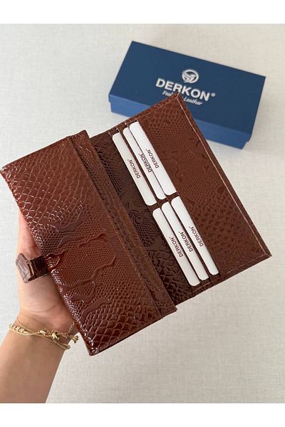 DERKON Crocodile Patterned Genuine Leather Women's Wallet Brown