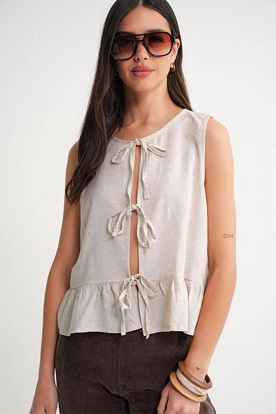 Mixray 4717 Women's Front Lace Ruffle Sleeveless Linen Blouse Natural