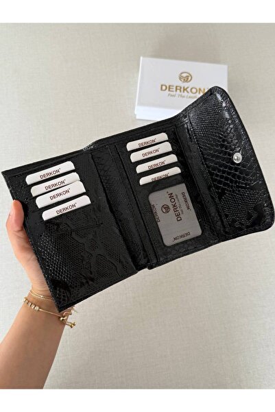 DERKON Crocodile Patterned Medium Size Genuine Leather Women's Wallet Black Color
