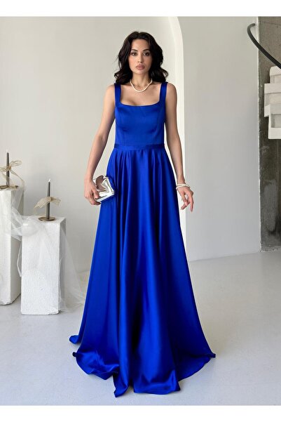 Serica Moda Βραδινό φόρεμα Saks Μπλε τετράγωνο γιακά με λουράκι σατέν