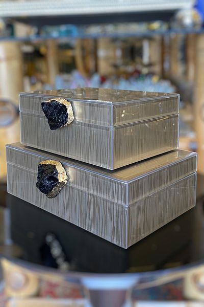 LEMİ DEKORASYON Natural Stone Detailed Lacquer Wood Beige 2-Piece Decorative Box 15*19-17*25 cm