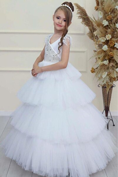 Riccotarz Girl's Body Pearl Stone Embroidered Layered Tulle Sleeveless White Evening Dress