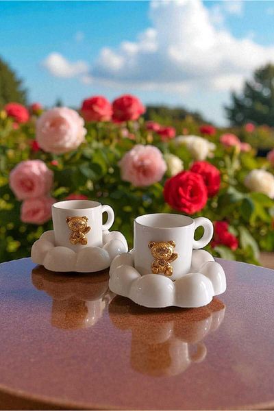 ariana sytle Turkish Coffee Cup Set with 2 Puffy Teddy Bears