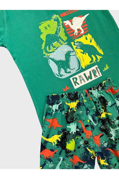 elmas kids Boy's 100% Cotton Green Dinosaur Patterned Short Sleeve Shorts Summer Pajamas Set