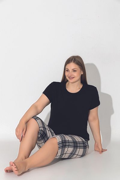 ModaLeaf Σετ πιτζάμες Capri σε μαύρο χρώμα με καρό εμπριμέ κοντομάνικο χαλαρή εφαρμογή