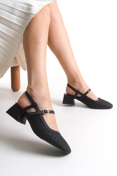 leopar by çetinay Marie Special Straw Black Square Toe Orthopedic Sole Classic Heeled Shoes