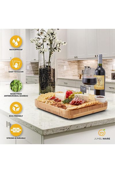 fulina Bamboo Cheese Board and 4 Stainless Steel Flatware Sets,with Slide-Out Drawer,for Wedding Birthday