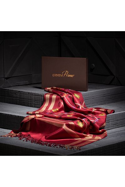 ipekevi Burgundy Kilim Patterned Cross Stitch Prime Silk Shawl