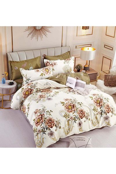 trendyhome Bed linen 2 persons, 6 pieces, Fine Cotton, Flowers, Cream/Brown, J14389