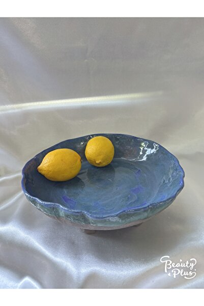 Whitecrow art Deep shore-Yapımı Ayaklı Seramik Kase – Stoneware Çamur – Gıdaya Uygun – Mavi Yeşil Sırlı