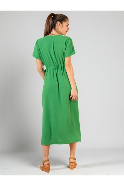 Kübra Tekstil Lupinn Fashion Green V-Neck Short Sleeve Side Tie Belted Midi Dress -Woven
