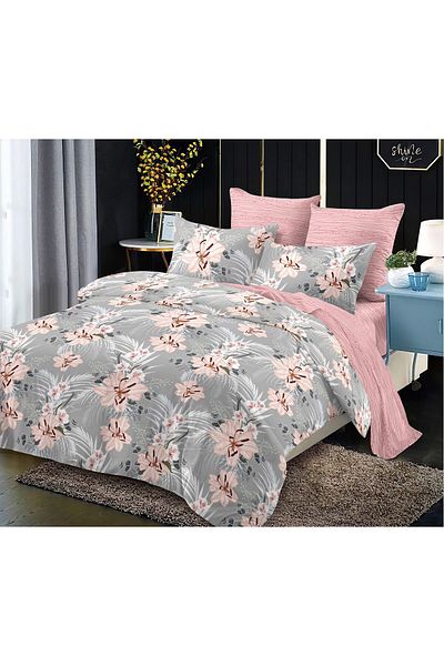 trendyhome Bed Linen, Fine Cotton, 6 Pieces, Poppies, Pink/Grey, HR24157