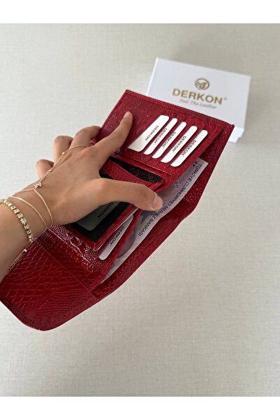 DERKON Γυναικείο πορτοφόλι μεσαίου μεγέθους από γνήσιο δέρμα με σχέδιο κροκόδειλου κόκκινο