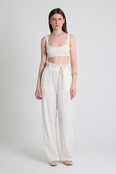 Rays White Linen Look 100% Cotton Gathered Waist Straw Belt Wide Leg Trousers 6941