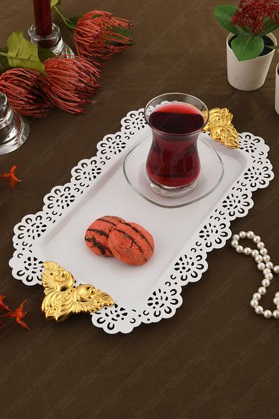 AKSESUAR EVRENİ Seta White Lace Edged Carved Detailed Gold Accessory Handled Rectangular Presentation Tray