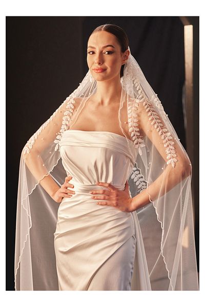 Hayalperest boncuk Elegant Bridal Wedding Veil with Pearl and Leaf Detail