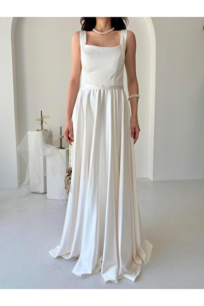 Serica Moda Βραδινό φόρεμα σατέν με λευκό τετράγωνο γιακά