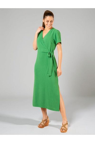 Kübra Tekstil Lupinn Fashion Πράσινο V λαιμόκοψη κοντό μανίκι με πλαϊνό δεμένο φόρεμα μίντι με ζώνη - καλοκαιρινό υφαντό