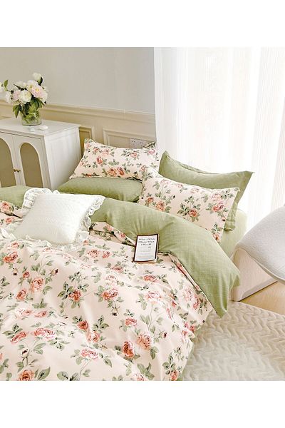trendyhome Double bed linen with Elastic, 6 PIECES, Fine Cotton, Flowers, Multicolor, J244068-ELASTIC