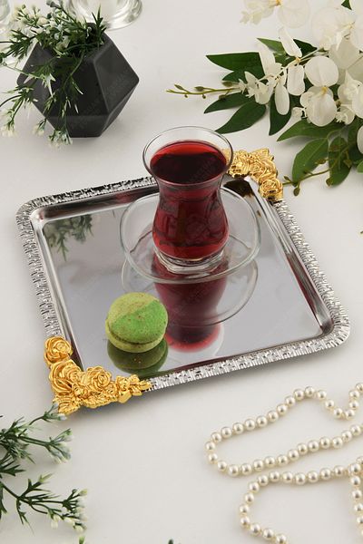 AKSESUAR EVRENİ Sole Silver Gold Flower Patterned Stainless Decorative Square Presentation Tray