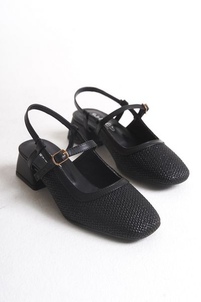 leopar by çetinay Marie Special Straw Black Square Toe Orthopedic Sole Classic Heeled Shoes