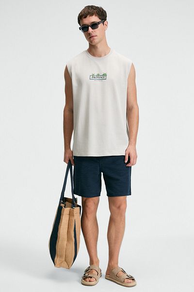 GRIMELANGE Phase Men's Print Detailed Crew Neck Oversize Fit Beige T-Shirt