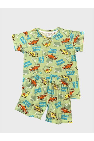 elmas kids Boy's 100% Cotton Green Dinosaur Patterned Short Sleeve Shorts Summer Pajamas Set