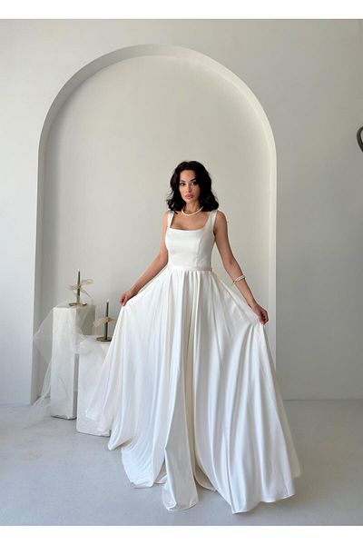 Serica Moda White Square Neck Strap Satin Evening Dress