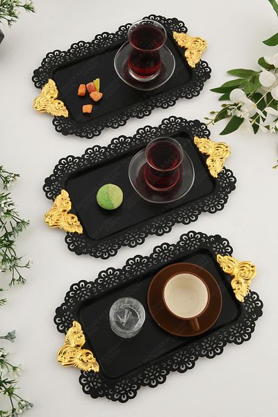 AKSESUAR EVRENİ Seta Black Lace Edged Carved Detailed Gold Accessory Handled Rectangular 3-Piece Presentation Tray