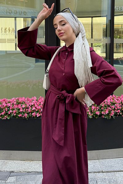 Tesettür Diyarı Women's Spanish Sleeve Tie Detailed Dress - Burgundy
