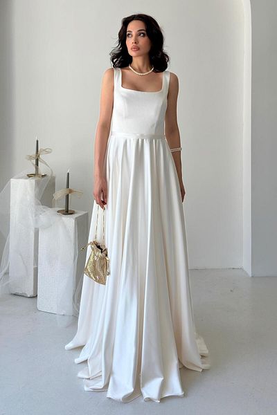 Serica Moda White Square Neck Strap Satin Evening Dress