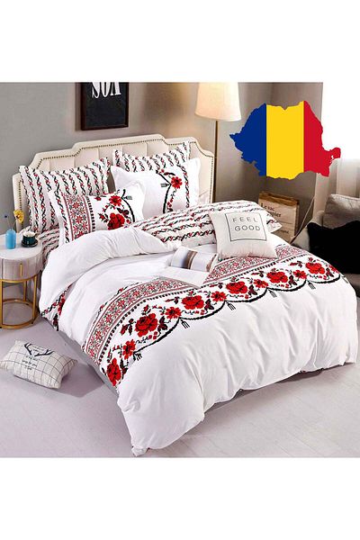 trendyhome Bed Linen, Fine Cotton, 6 Pieces, Traditional Print, Flowers, Red/White, J105101