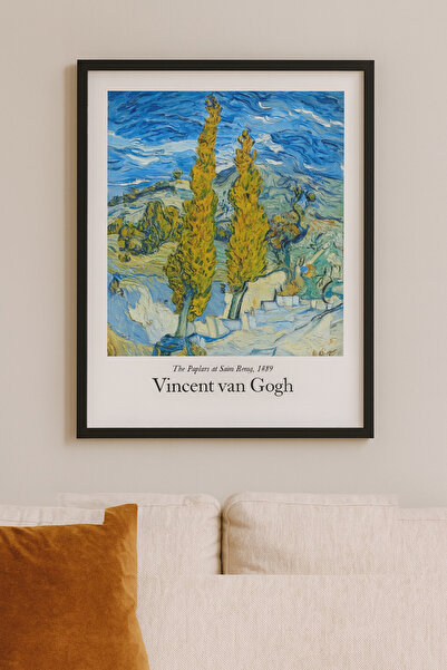 seninürünün Van Gogh - The Poplars at Saint-Rémy - Gerçek Cama Baskı Siyah Al...