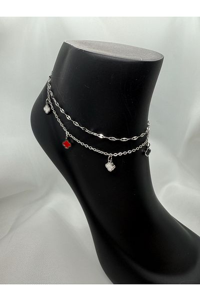 Mila Lumiere Double Chain Silver Silver Color Steel Anklet with Colorful Clover Figure