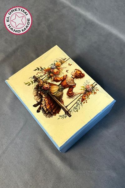 Uretti - Hulya 6683 4472 Handmade Nostalgic Retro Printed Rectangular Wooden Decorative Storage Box