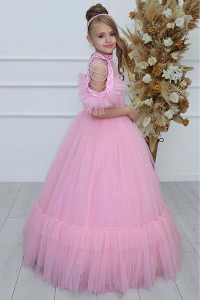 Riccotarz Κοριτσίστικο στήθος Glittery Jacquard Λεπτομερές αφαιρούμενο γιακά ώμους με πέρλες αμάνικο ροζ βραδινό φόρεμα