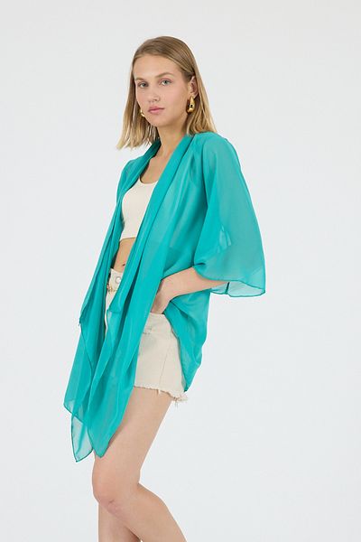Laranor Green Shawl Collar Flywheel Sleeve Chiffon Kimono Kaftan Beach Clothing 25L8101