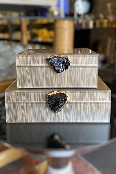 LEMİ DEKORASYON Natural Stone Detailed Lacquer Wood Beige 2-Piece Decorative Box 15*19-17*25 cm